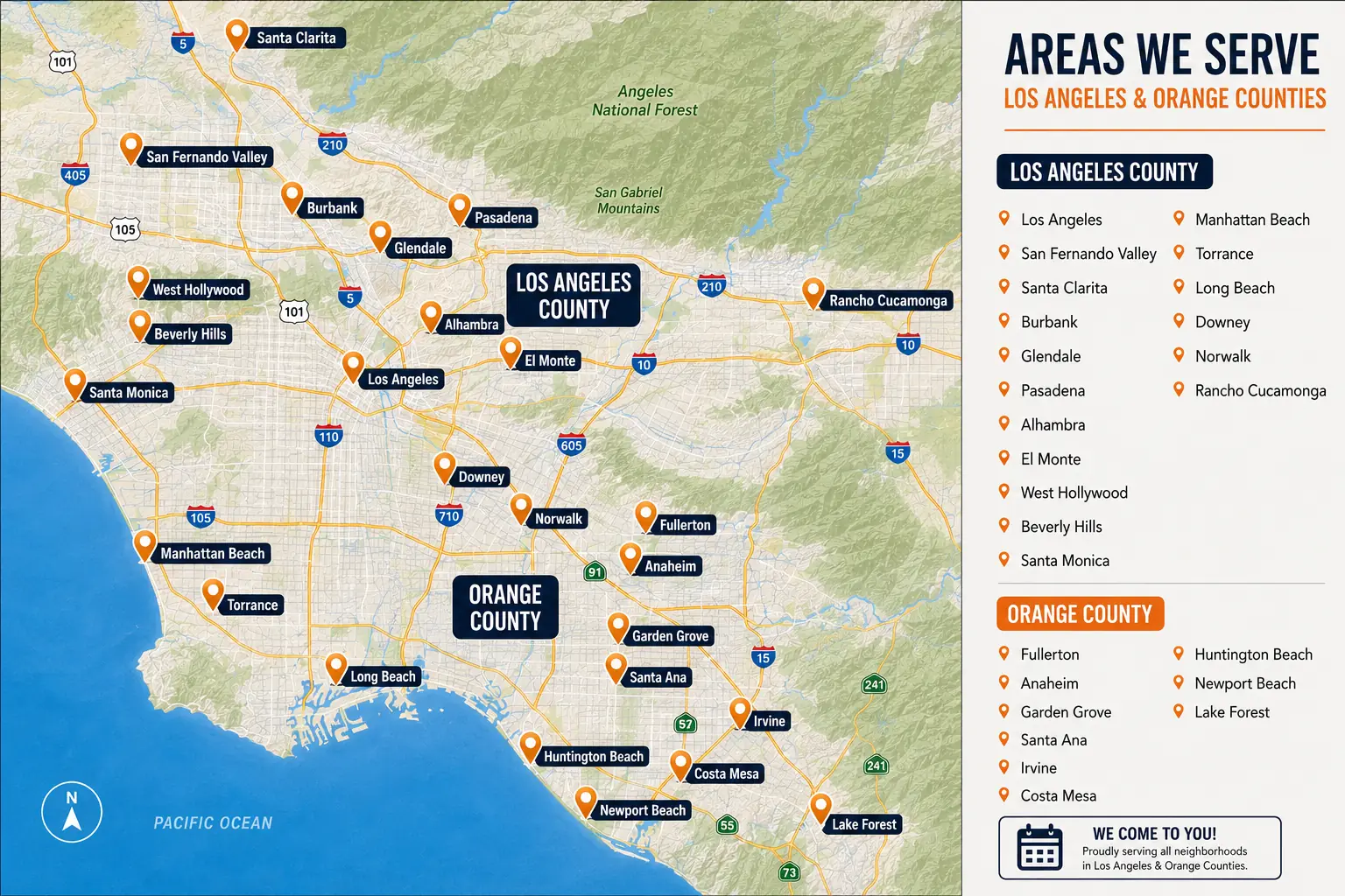 Heart Garage Door service area map — Los Angeles and Orange Counties